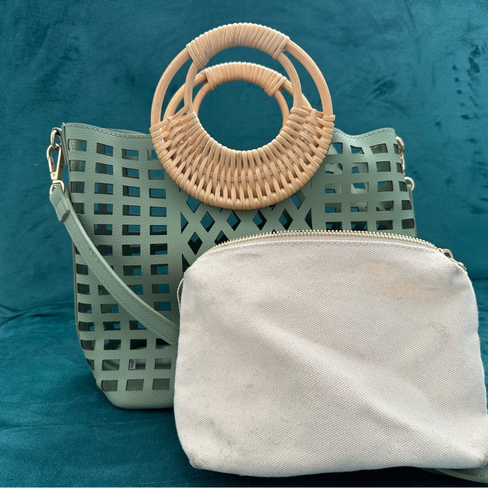 Sage green lattice purse with woven bamboo handle